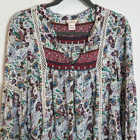Sundance Crochet Trim Rayon Top Blouse Size M Multicolor Boho Balloon Sleeves - Picture 4 of 10